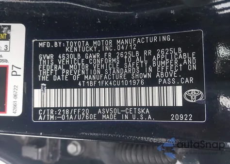 2012 Toyota Camry Se from USA, damaged, VIN 4T1BF1FK4CU101976